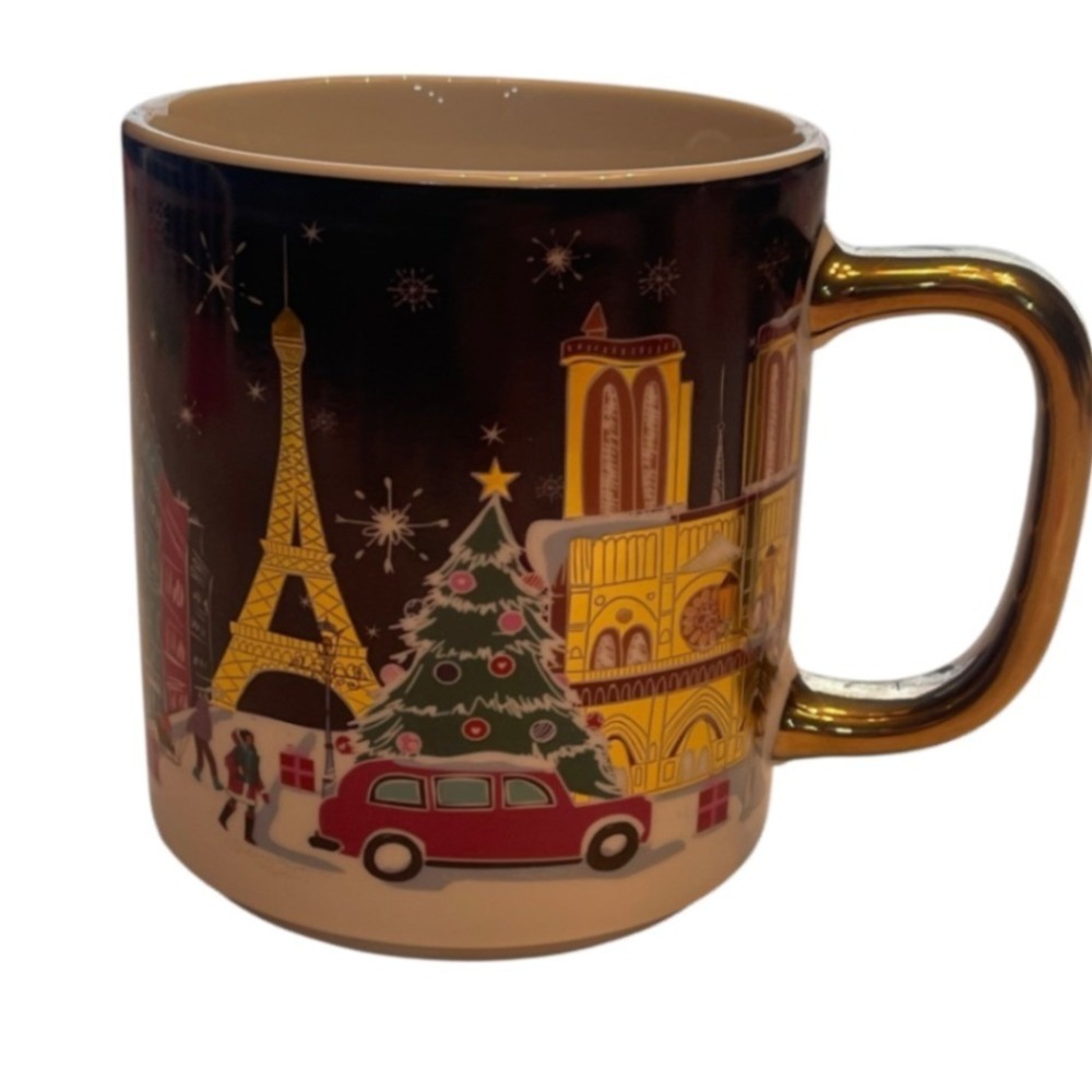 Paris Christmas Mug Eiffel Tower Notre Dame Holiday Scene Gold Handle Coffee Cup